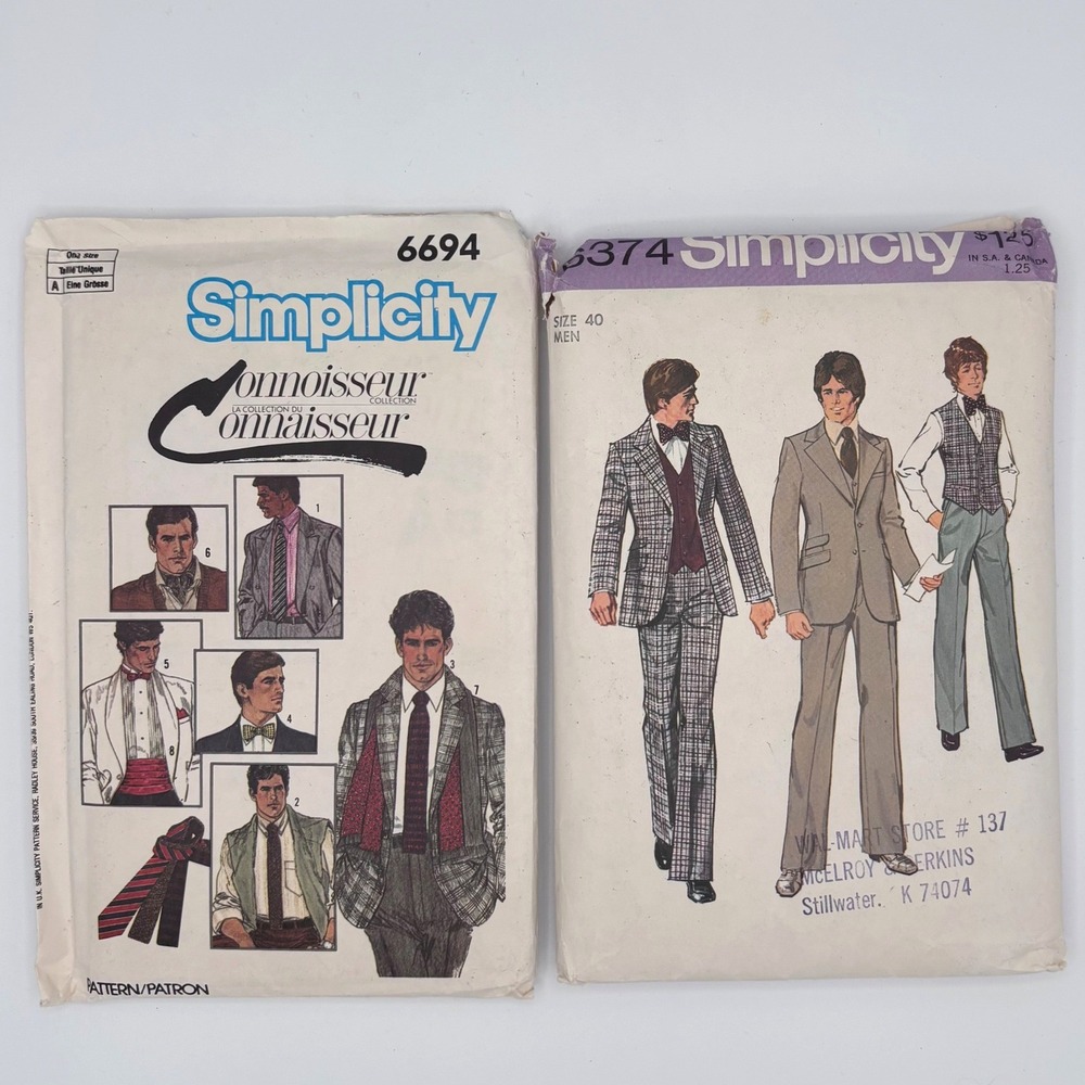 Vintage Simplicity Mens Suit Pattern 6374 Size 40 & Accessories Pattern 6694 Lot